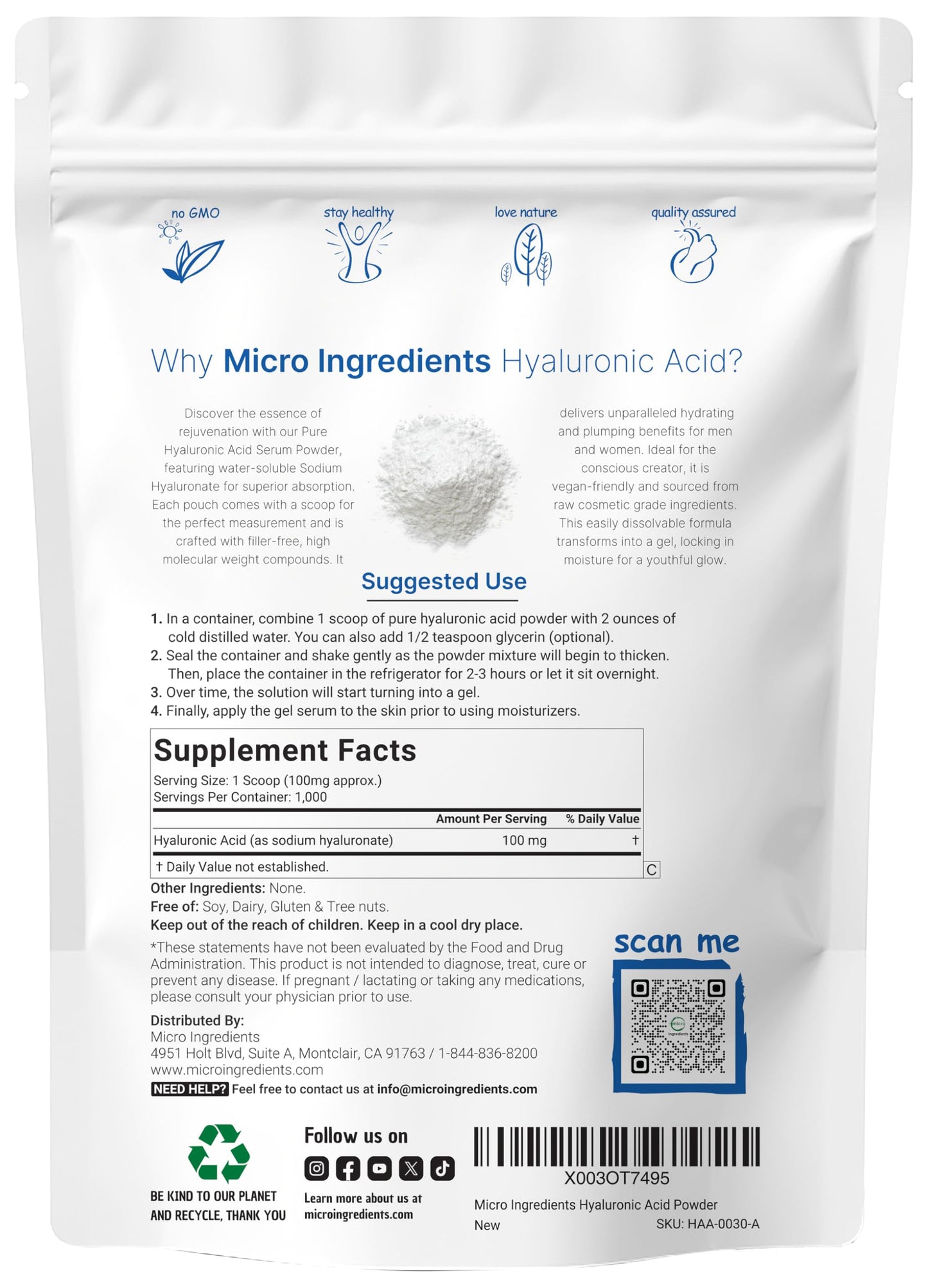 Pre-Order | Arrives in 5–10 Days – Micro Ingredients Hyaluronic Acid Serum Powder, 100 Grams | Low Molecular Weight, Cosmetics Grade | Skin Hydration and Moisture Support Supplements | Vegan, Water Soluble (Within 2 Hours)