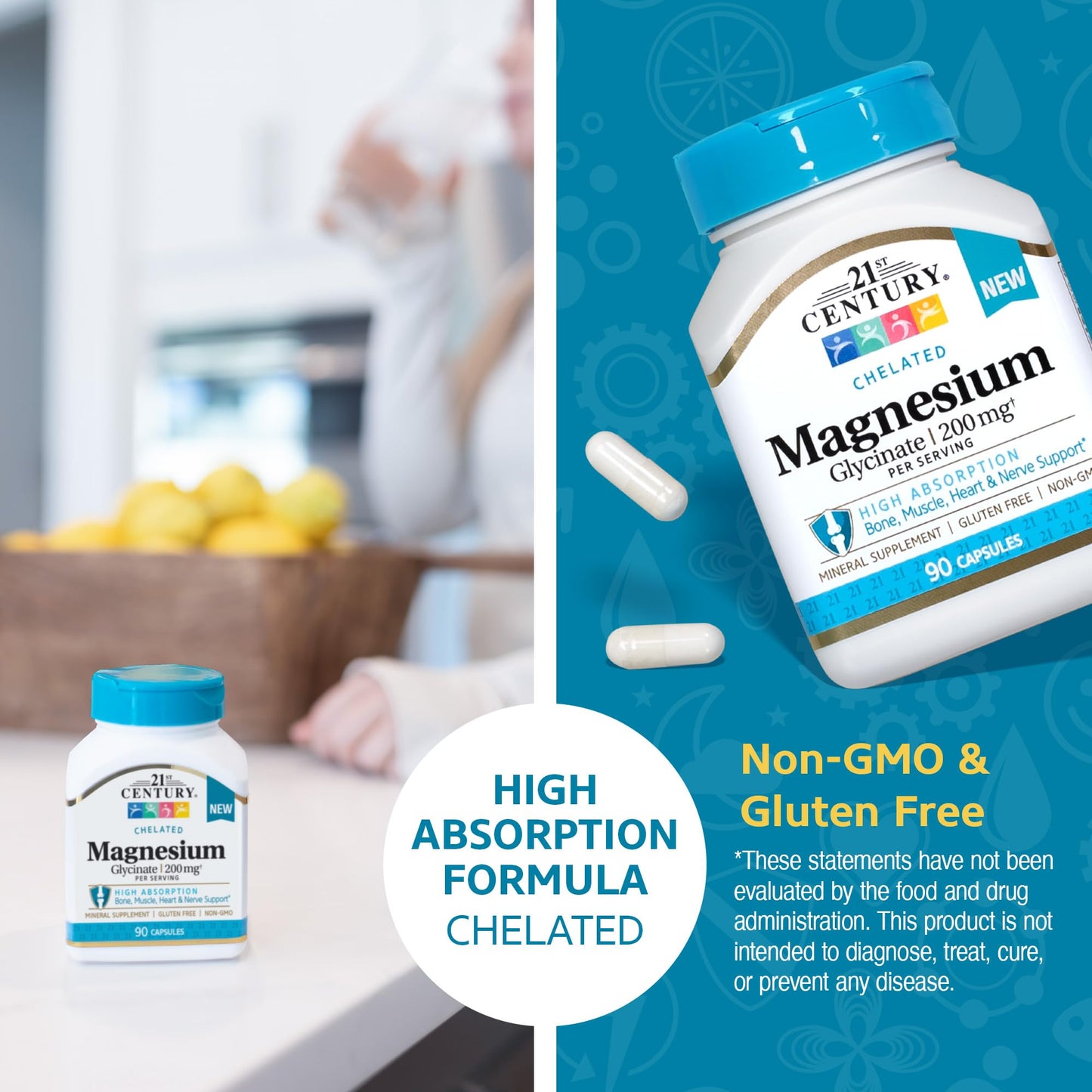 Pre-Order | Arrives in 5–10 Days – 21st Century Magnesium Glycinate 200 mg Capsules per Serving, 90 Count