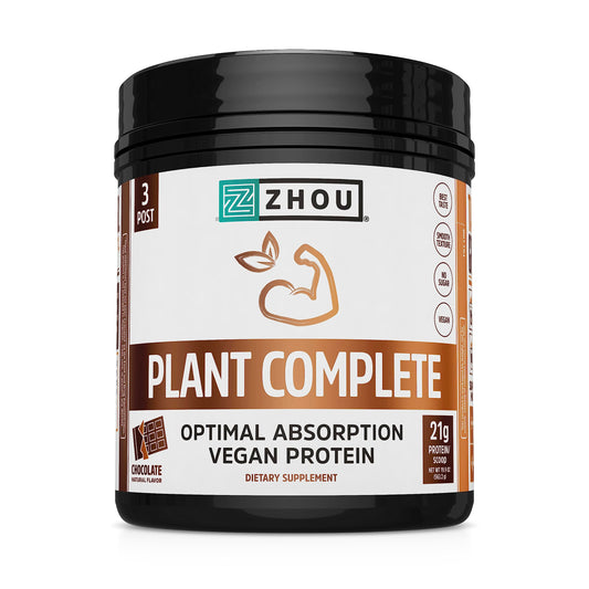 Pre-Order | Arrives in 5–10 Days – Zhou Plant Complete Vegan Protein Powder - Plant Based Protein Powder for Women & Men, Non Dairy Rice & Pea Blend for Smoothies & Shakes, 21g Protein Per Serving - Chocolate, 17.7oz (16 Servings)