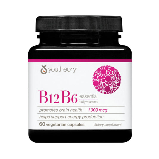 Pre-Order | Arrives in 5–10 Days – Youtheory B12B6 - Vegan Vitamin B6 & Vitamin B12 - Offers Brain Health, Energy & Immunity Support* - Dairy, Soy & Gluten Free - 60 Vegetarian Capsules