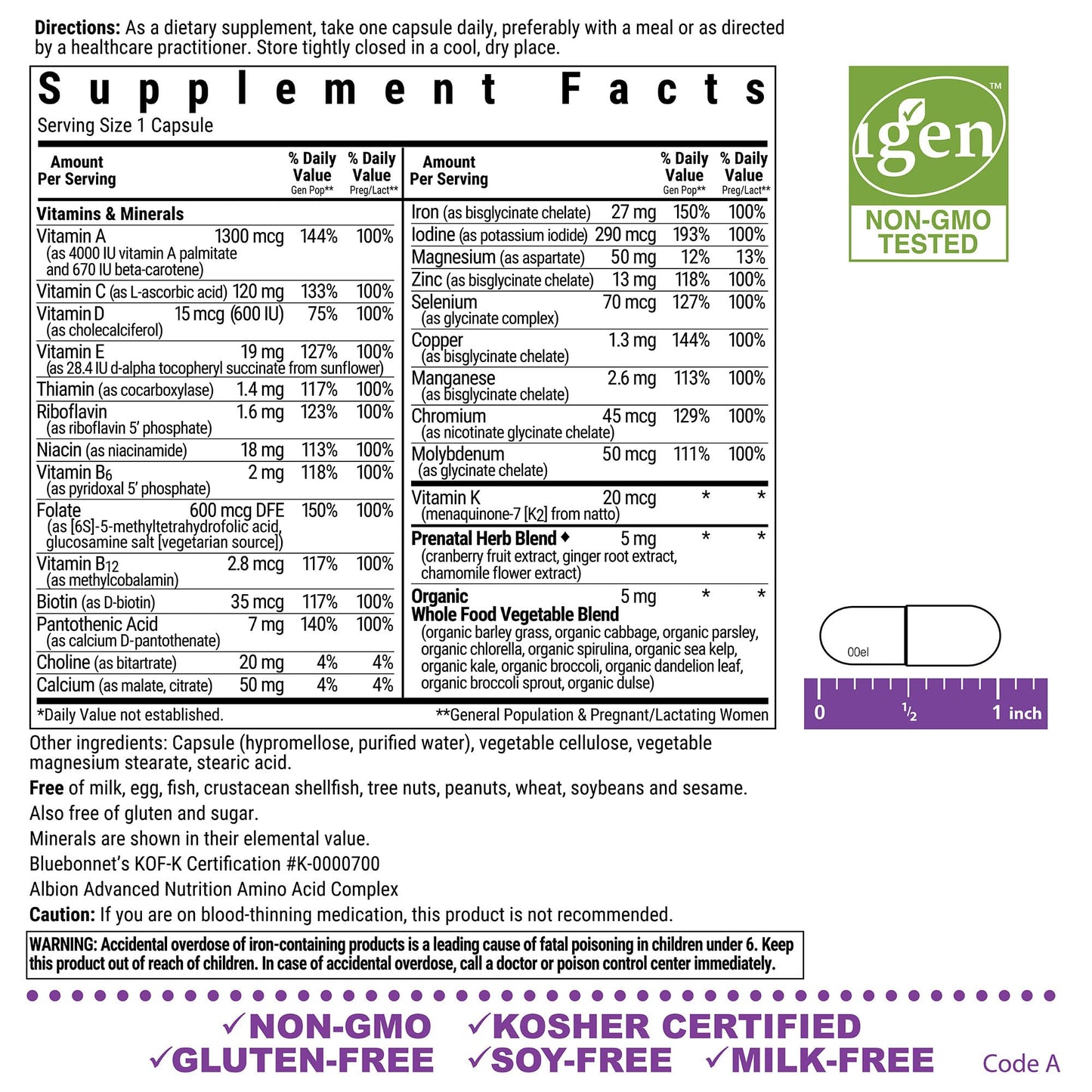 Pre-Order | Arrives in 5–10 Days – BlueBonnet Nutrition Ladies’ One Prenatal Whole Food-Based Multiple, Daily Nutrition*, Prenatal & Postnatal Health*, Non-GMO, Kosher, Gluten-Free, Soy-Free, 30 Vegetable Capsules, 30 Servings