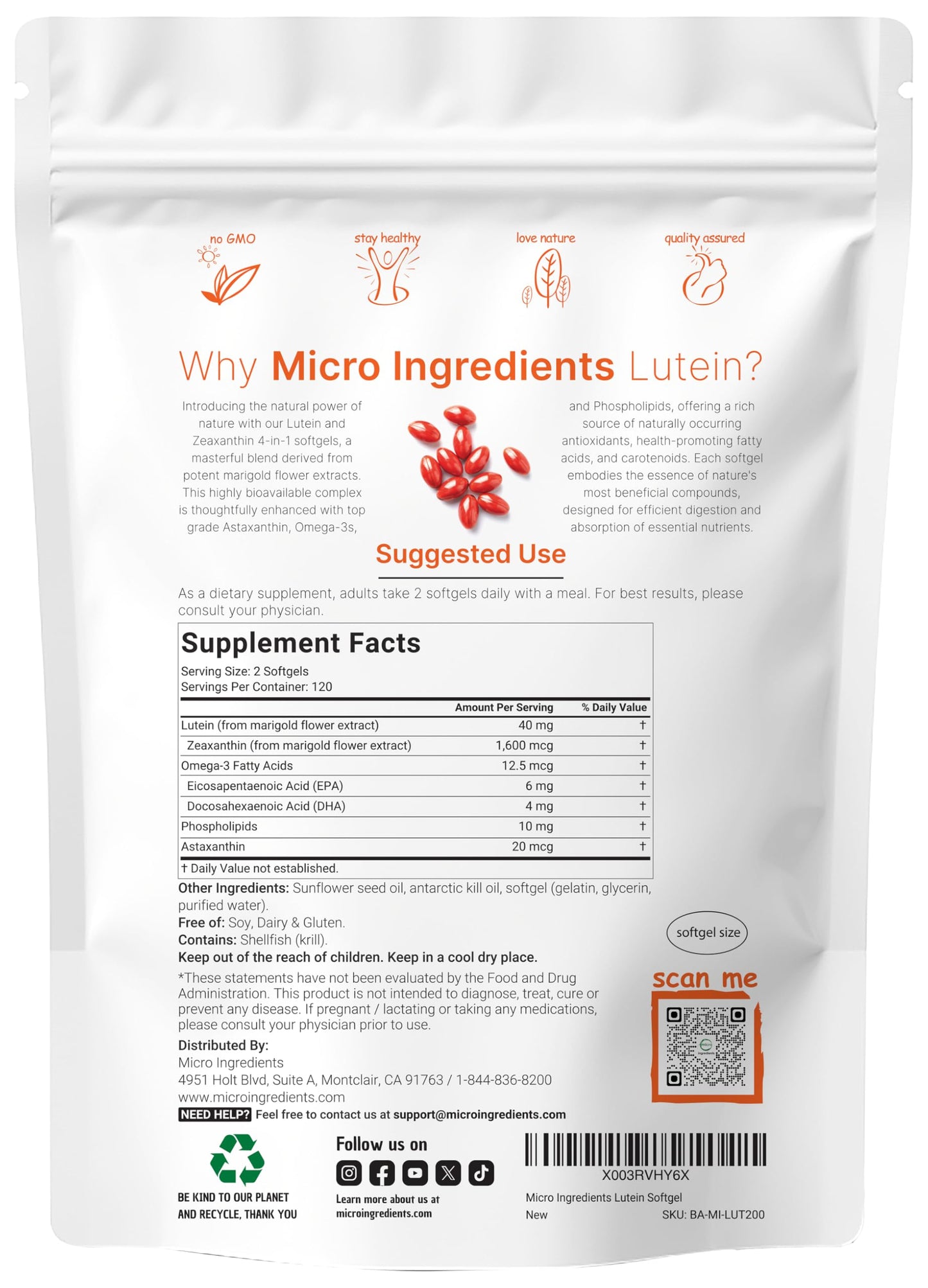 Pre-Order | Arrives in 5–10 Days – Micro Ingredients Lutein & Zeaxanthin 40mg Softgels, 240 Count, with Astaxanthin, Omega-3s, & Phospholipids | Eye + Vision Health Vitamins | Third Party Tested, Non-GMO, Gluten Free