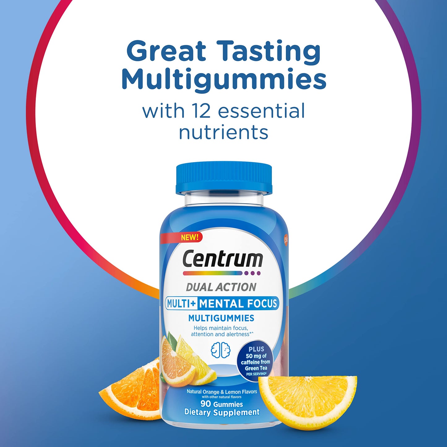 Pre-Order | Arrives in 5–10 Days – Centrum MultiGummies Multi+ Dual Action Mental Focus Adult Multivitamin with Caffeine from Green Tea, Supports Mental Focus, Attention and Alertness, Lemon/Orange Flavors - 90 Count