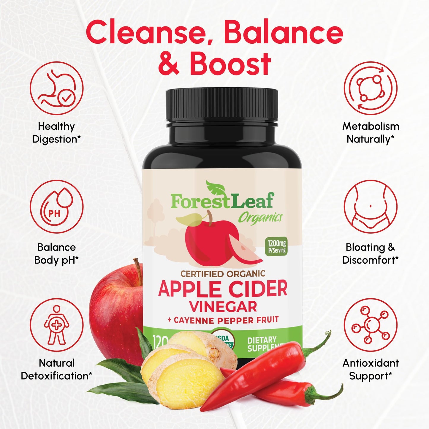 Pre-Order | Arrives in 5–10 Days – ForestLeaf Organic Apple Cider Vinegar Capsules 1200mg | USDA Organic Apple Cider Vinegar Pills w Cayenne Pepper & Ginger Root | Supports Metabolism, Detox, Digestion, Gut Health | 120 ACV Capsules
