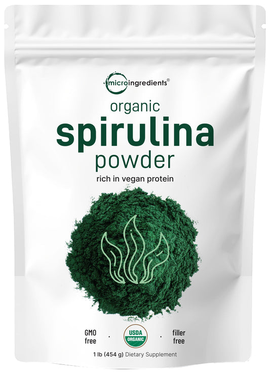 Pre-Order | Arrives in 5–10 Days – Micro Ingredients Organic Spirulina Powder, 16 Ounce, Raw Spirulina (Arthrospira Platensis), The Richest Sources of 70% Vegan Protein, Containers Minerals, Vitamins, Non-GMO & Non-Irradiation