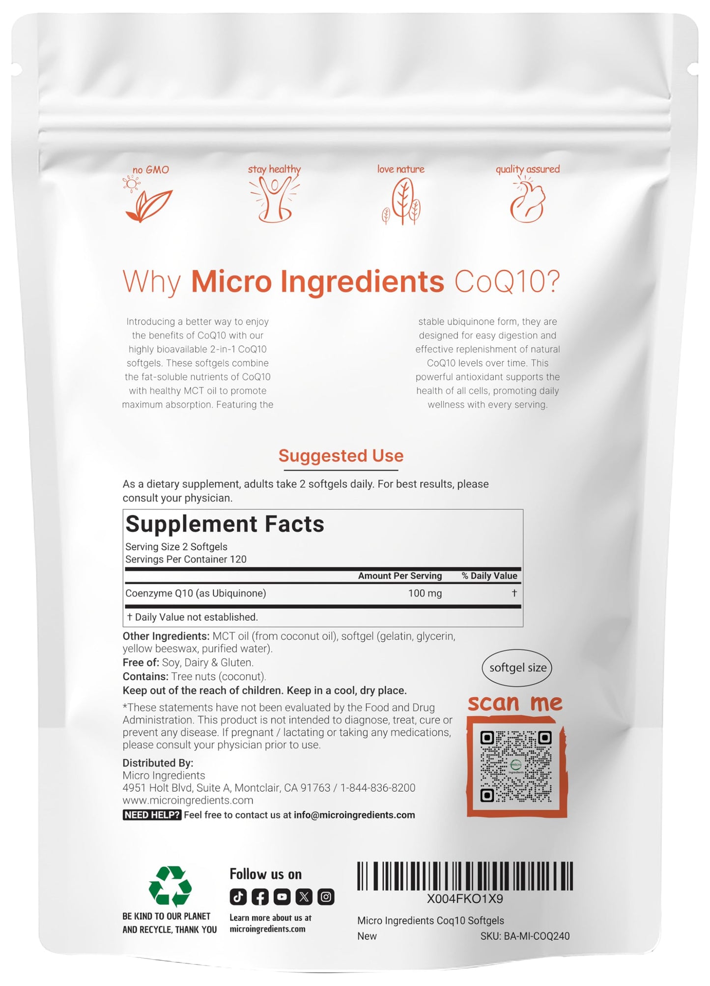 Pre-Order | Arrives in 5–10 Days – Micro Ingredients CoQ10 100mg Per Serving | 240 Softgels Made with Coconut MCT Oil | High Absorption Coenzyme Q10 as Ubiquinone | Antioxidant Support for Heart & Energy Health | Non-GMO