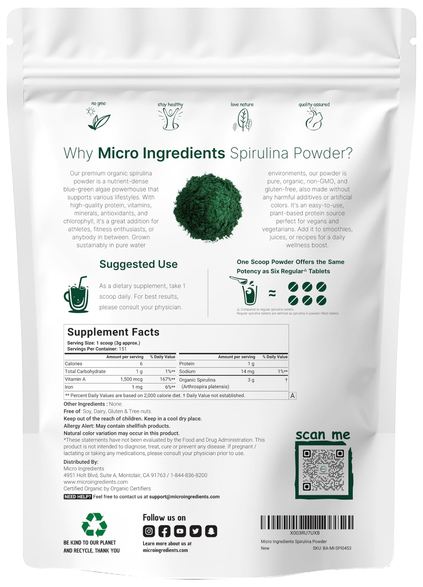Pre-Order | Arrives in 5–10 Days – Micro Ingredients Organic Spirulina Powder, 16 Ounce, Raw Spirulina (Arthrospira Platensis), The Richest Sources of 70% Vegan Protein, Containers Minerals, Vitamins, Non-GMO & Non-Irradiation