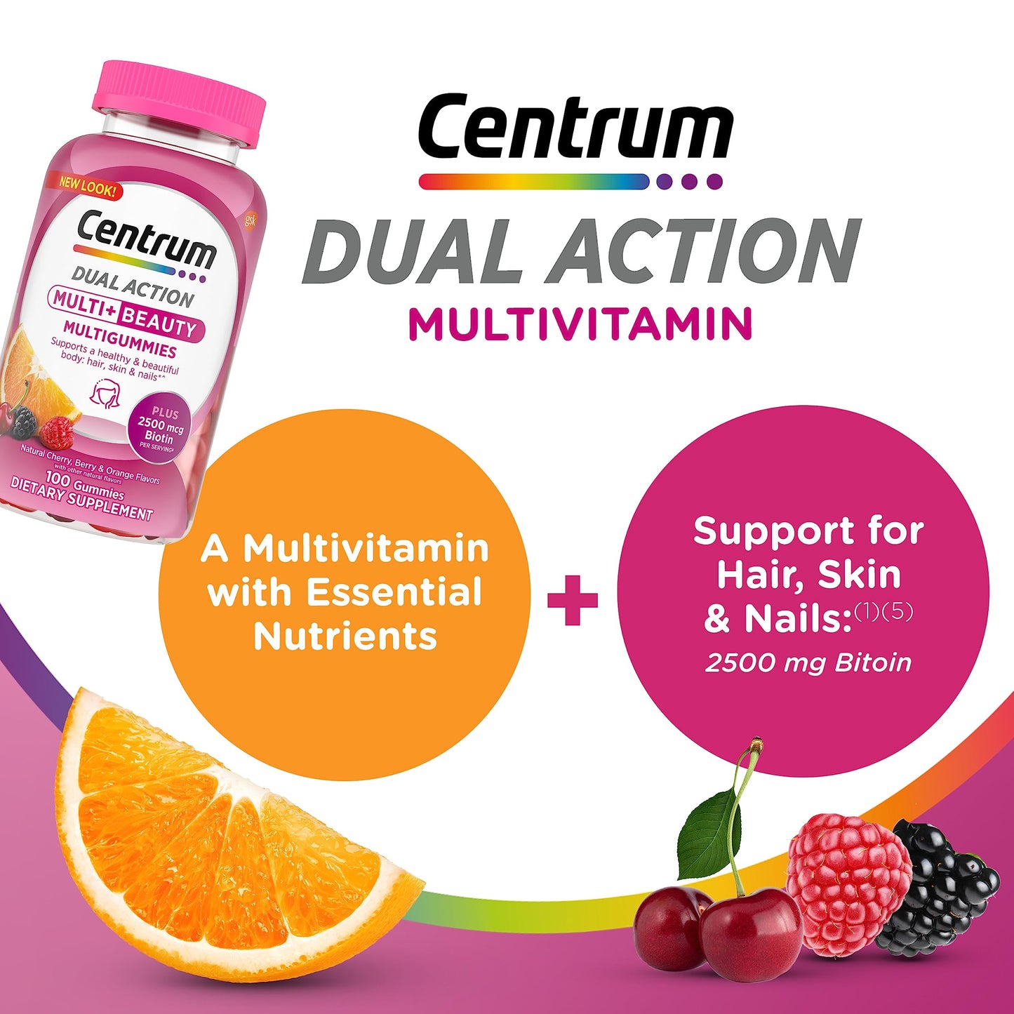 Pre-Order | Arrives in 5–10 Days – Centrum MultiGummies Multi+ Beauty Dual Action Multivitamin, Specially Designed with Biotin for Healthy Hair, Skin and Nails, Cherry/Berry/Orange Flavors - 100 Count