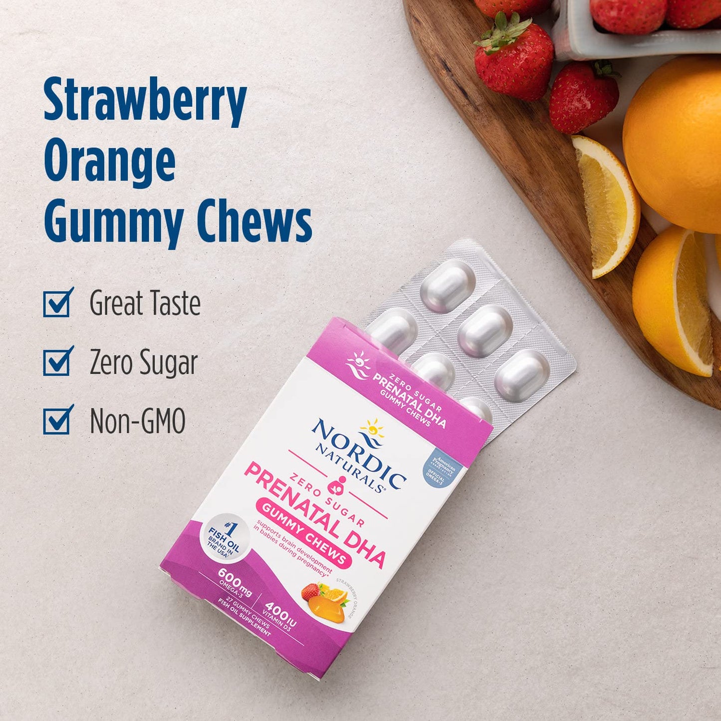 Pre-Order | Arrives in 5–10 Days – Nordic Naturals Zero Sugar DHA Prenatal Vitamin Gummies, Strawberry Orange Flavor - 27 Gummies - Supplements for Pregnancy - 600 mg Omega-3 Fish Oil and 400 IU Vitamin D3-27 Servings
