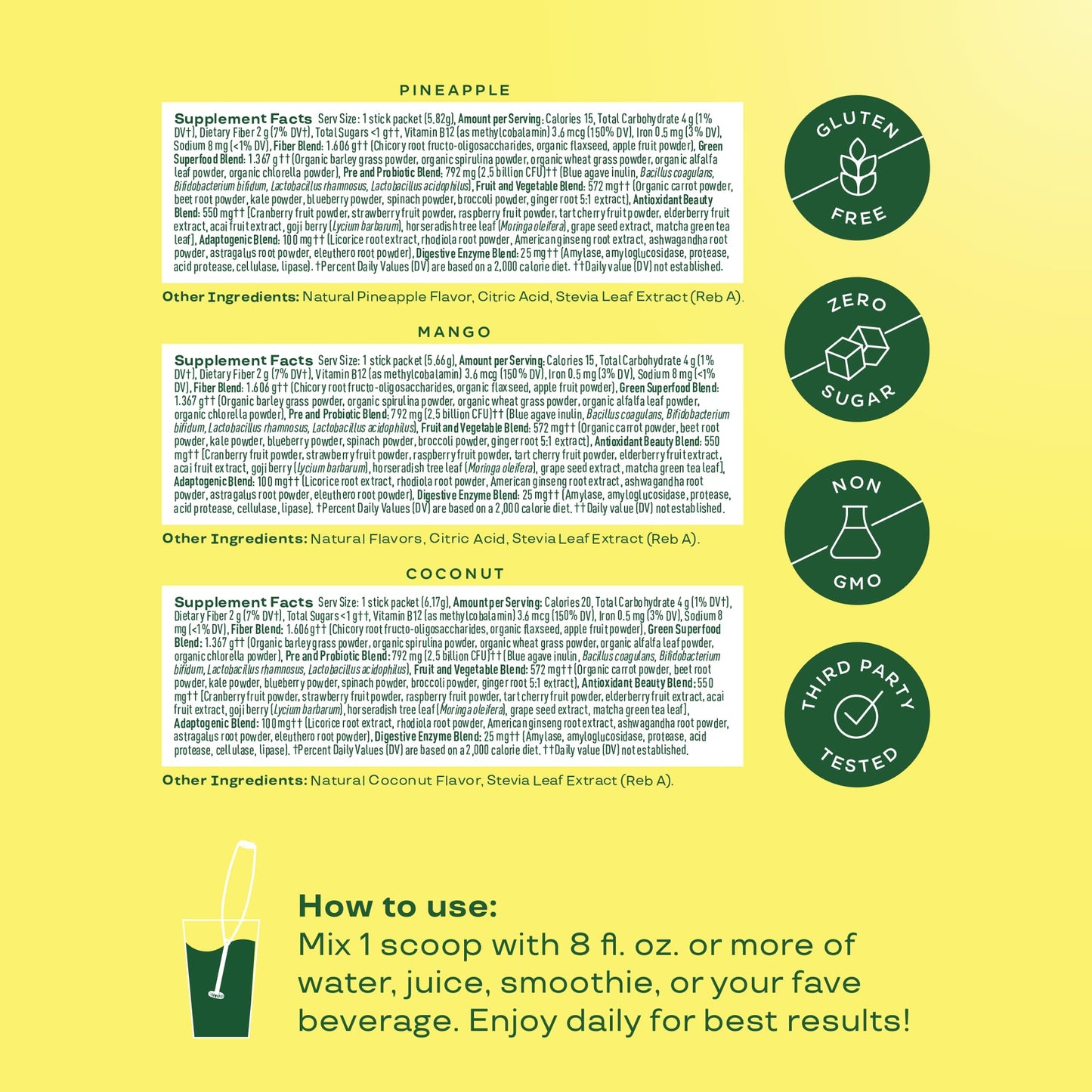 Pre-Order | Arrives in 5–10 Days – 
Bloom Nutrition Superfood Greens Powder Stick Packs, Digestive Enzymes with Probiotics and Prebiotics, Gut Health, Bloating Relief for Women, Chlorella, Green Juice Mix, 18 SVG, Tropical Variety