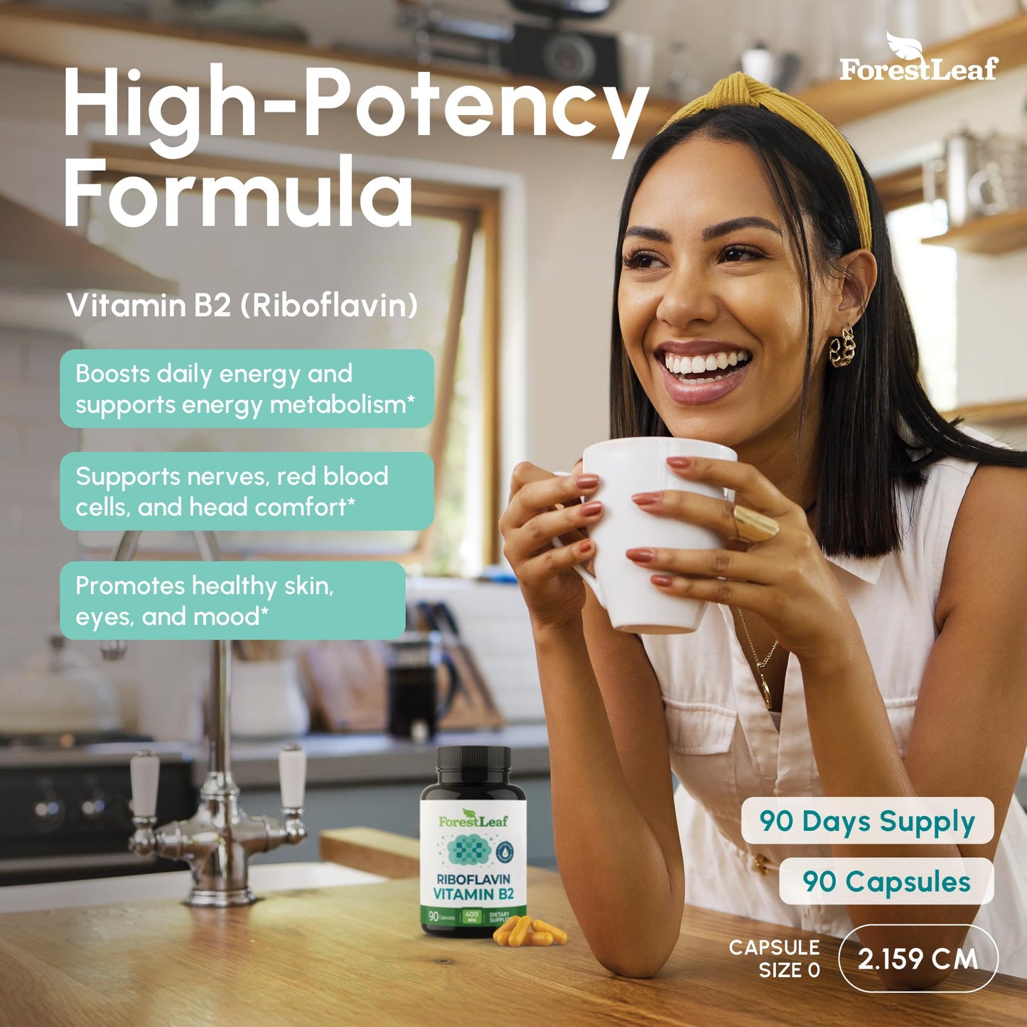 Pre-Order | Arrives in 5–10 Days – ForestLeaf Vitamin B2 Riboflavin 400mg - Energy, Skin & Cellular Health Supplement - Nervous System Support - Vitamin B 2 VIT B - Non-GMO & Gluten Free - B2 Vitamin 400mg Vegetable Capsules, 90 Count