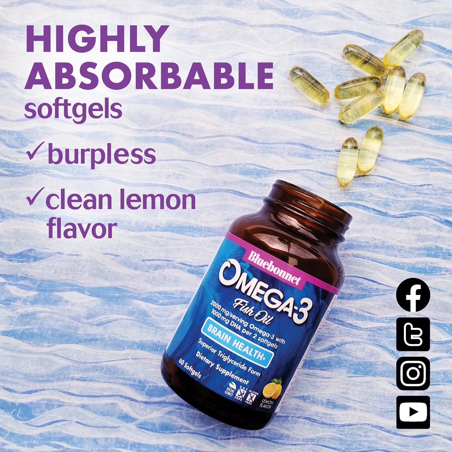 Pre-Order | Arrives in 5–10 Days – 
BlueBonnet Nutrition Omega-3 Brain Formula Natural Wild Caught Triglyceride Form DHA 1000 mg EPA 210 mg, Gluten-Free Softgel, Yellow/Clear, Lemon, 120 Count
