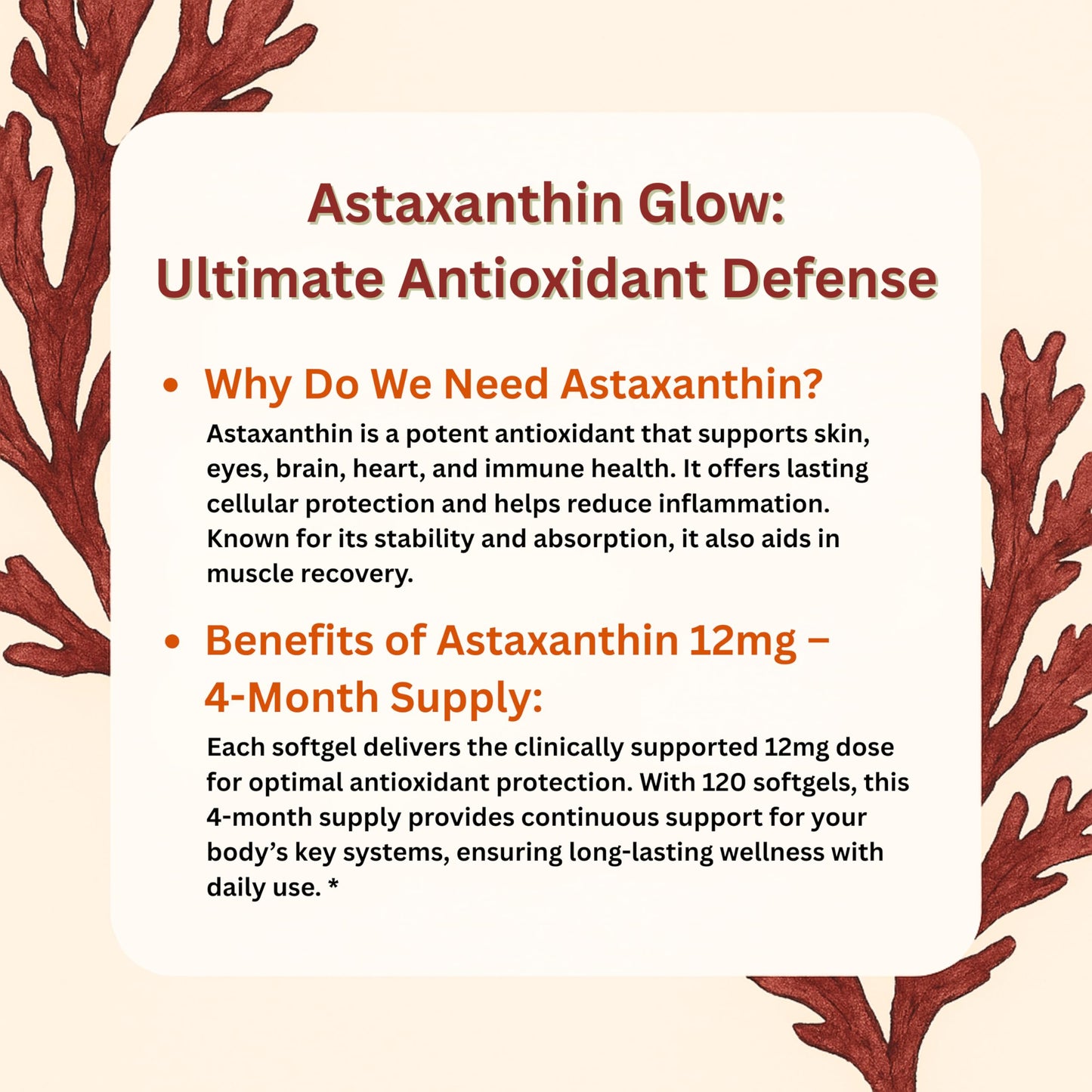 Pre-Order | Arrives in 5–10 Days – Astaxanthin 12mg, 120 Softgels, 4 Month Supply | Premium Astaxanthin Antioxidant Supplements | Fresh Microalgae Source | Supports Eye, Joint, Internal Circulation, Skin Health & Natural Tanning