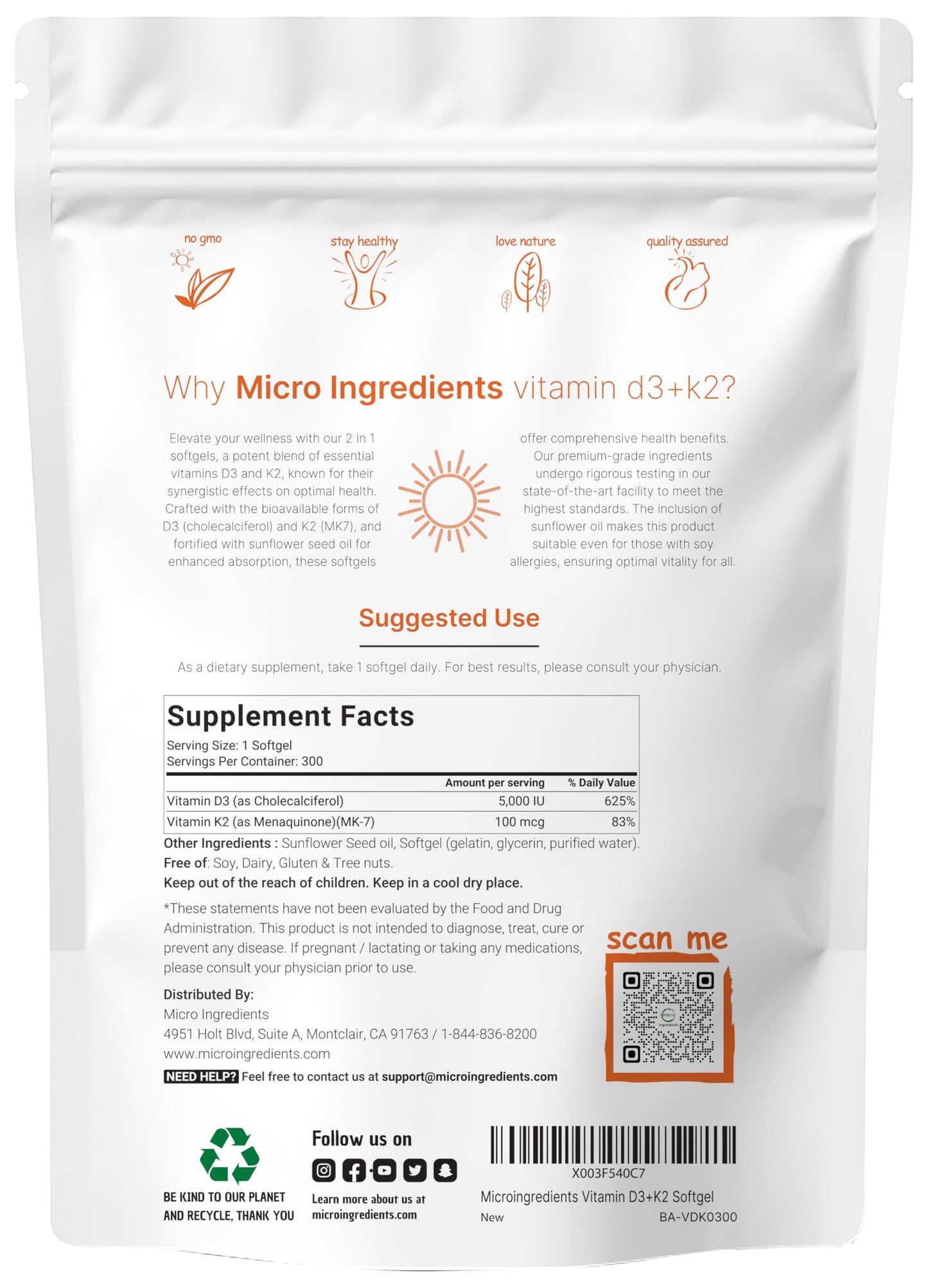 Pre-Order | Arrives in 5–10 Days – Micro Ingredients Vitamin D3 5000 IU with K2 MK-7 100 mcg, 300 Softgels, 2-in-1 Immune, Heart, Joint, Teeth & Bone Health Support, Easy to Swallow