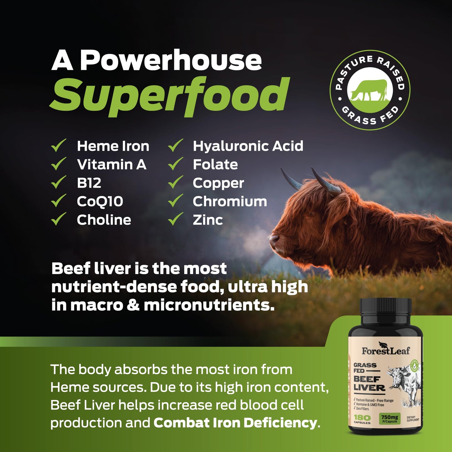 Pre-Order | Arrives in 5–10 Days – ForestLeaf Grass Fed Beef Liver Capsules, 3000mg Per Serving, Supports Full Immunity & Body Wellnes, Cleansing, Digestion, Natural Iron, Vitamin A and B12, Freeze Dried Beef Liver Supplement, 180 Caps