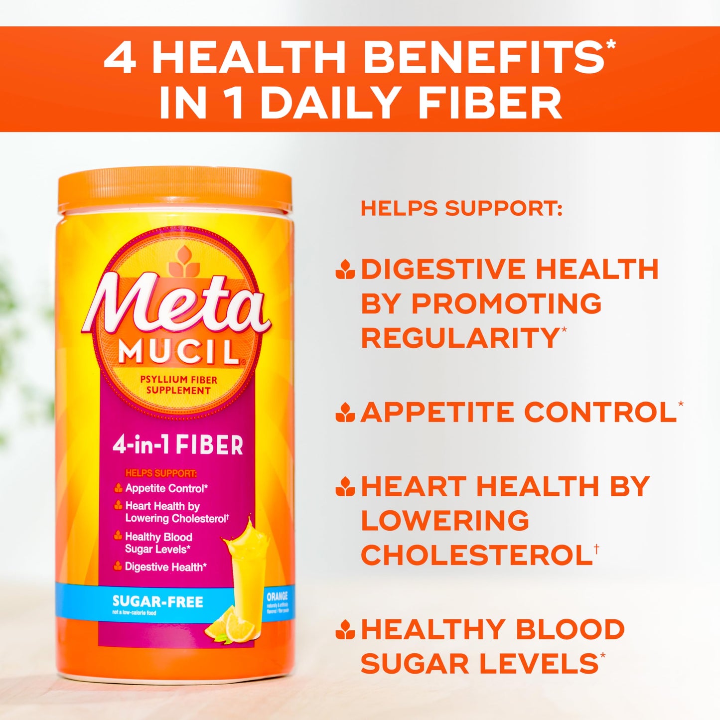 Pre-Order | Arrives in 5–10 Days – Metamucil 4 in 1 Daily Fiber Supplement Powder, Fiber Powder for Digestive Health and Regularity*, Sugar-Free, Orange, Naturally Sourced Psyllium Fiber, 30 teaspoons