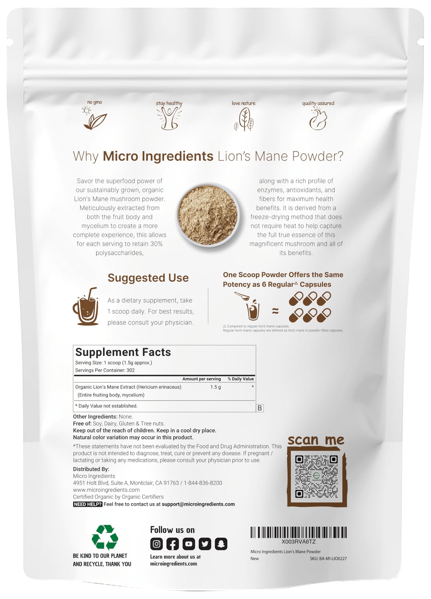Pre-Order | Arrives in 5–10 Days – Micro Ingredients Organic Lions Mane Mushroom Supplement Powder, 16 Ounce | Natural Superfood for Brain, Energy, & Immune Health | Non-GMO Vegan