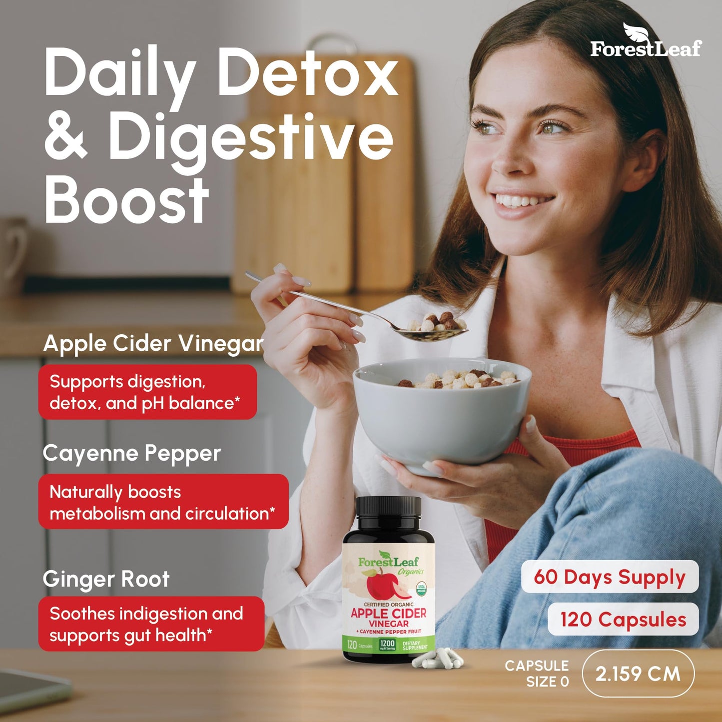 Pre-Order | Arrives in 5–10 Days – ForestLeaf Organic Apple Cider Vinegar Capsules 1200mg | USDA Organic Apple Cider Vinegar Pills w Cayenne Pepper & Ginger Root | Supports Metabolism, Detox, Digestion, Gut Health | 120 ACV Capsules