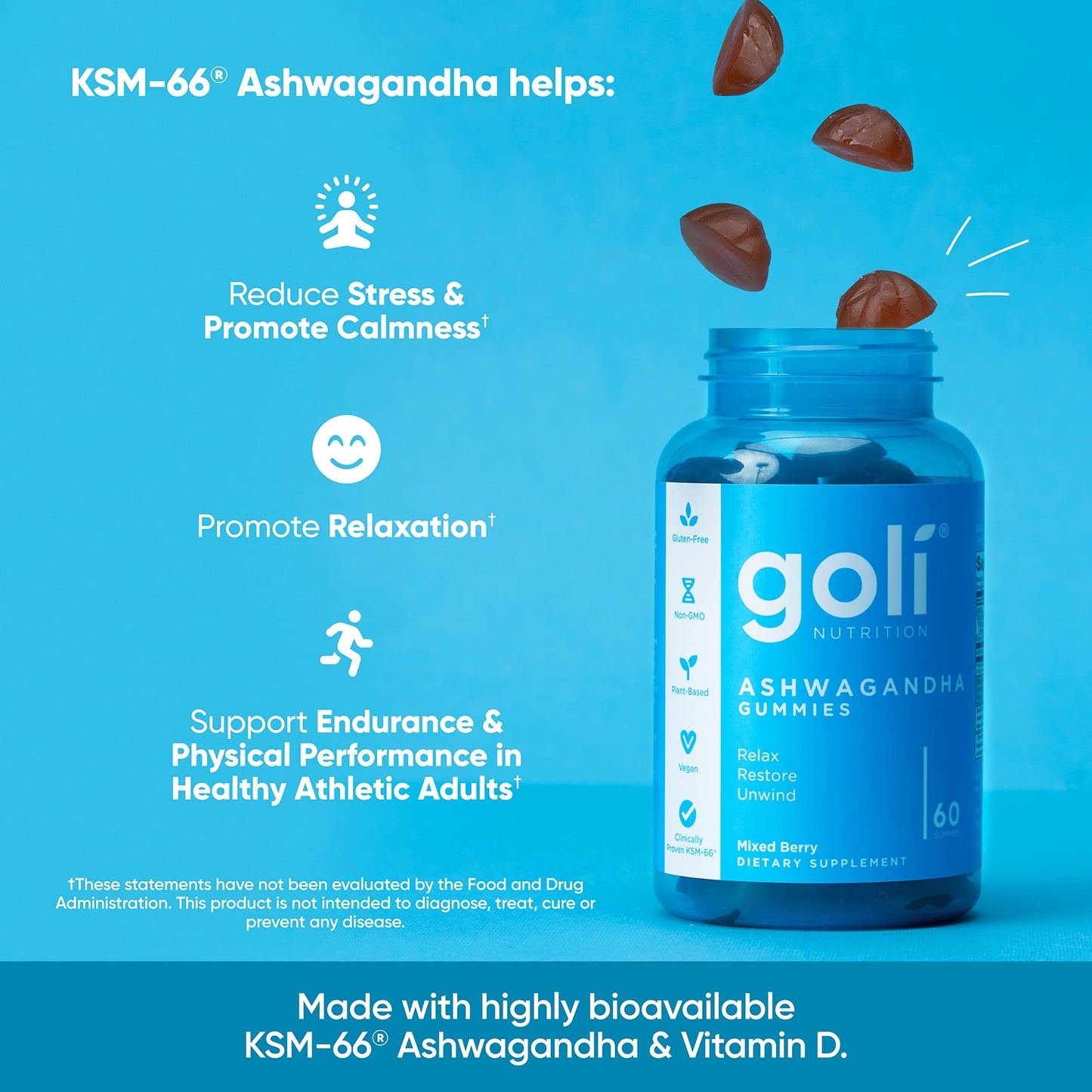 Pre-Order | Arrives in 5–10 Days – Goli Ashwagandha & Vitamin D Gummy - 60 Count - Mixed Berry, KSM-66, Vegan, Plant Based, Non-GMO, Gluten-Free & Gelatin Free Relax. Restore. Unwind, Pack of 1