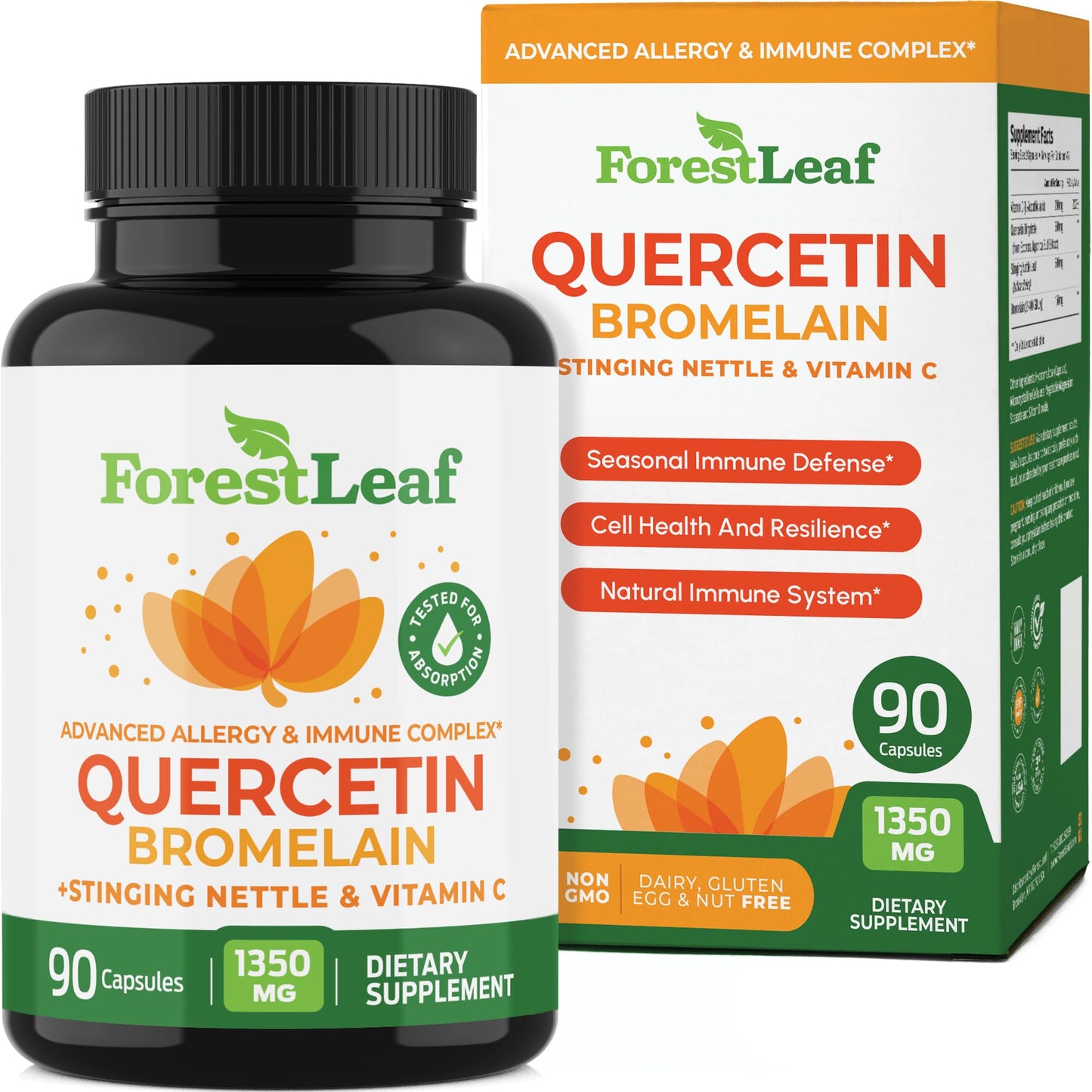 Pre-Order | Arrives in 5–10 Days – ForestLeaf Quercetin with Bromelain 1350mg - Blend with Vitamin C & Stinging Nettle Supplement, Quercetin 500mg Capsules, Non-GMO Gluten Free, Natural Immune & Respiratory Function, 90 Veggie Caps