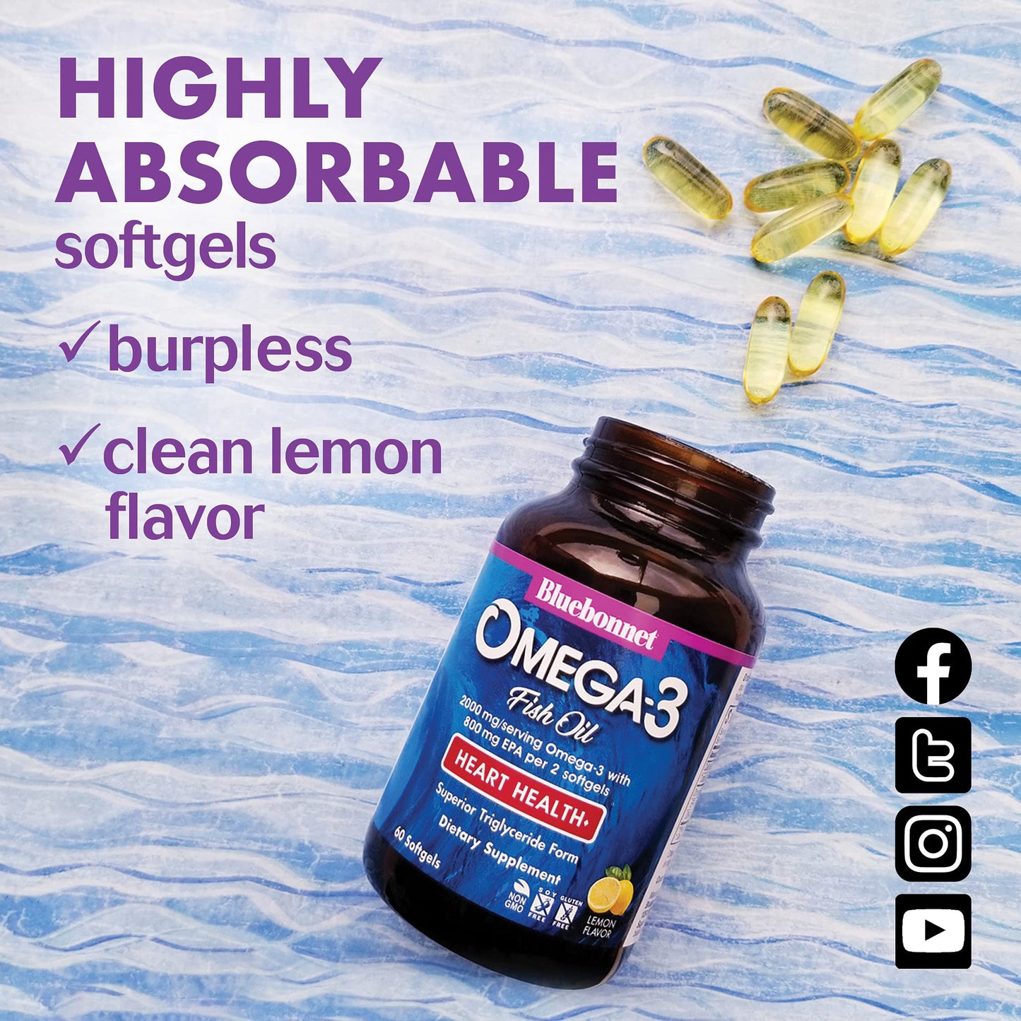 Pre-Order | Arrives in 5–10 Days – Bluebonnet Nutrition Omega-3 Heart Formula Natural Wild Caught Triglyceride Form DHA 600 mg EPA 800 mg - Highly Concentrated Heart Health Support Supplement - Gluten-Free - 60 Softgel