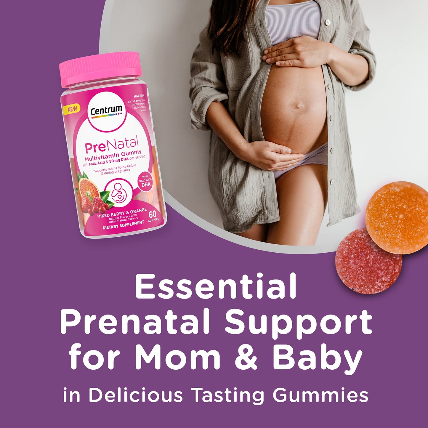 Pre-Order | Arrives in 5–10 Days – Centrum Prenatal Multivitamin Gummies with DHA and Folic Acid, Mixed Berry and Orange Flavors - 60 Count, 30 Day Supply