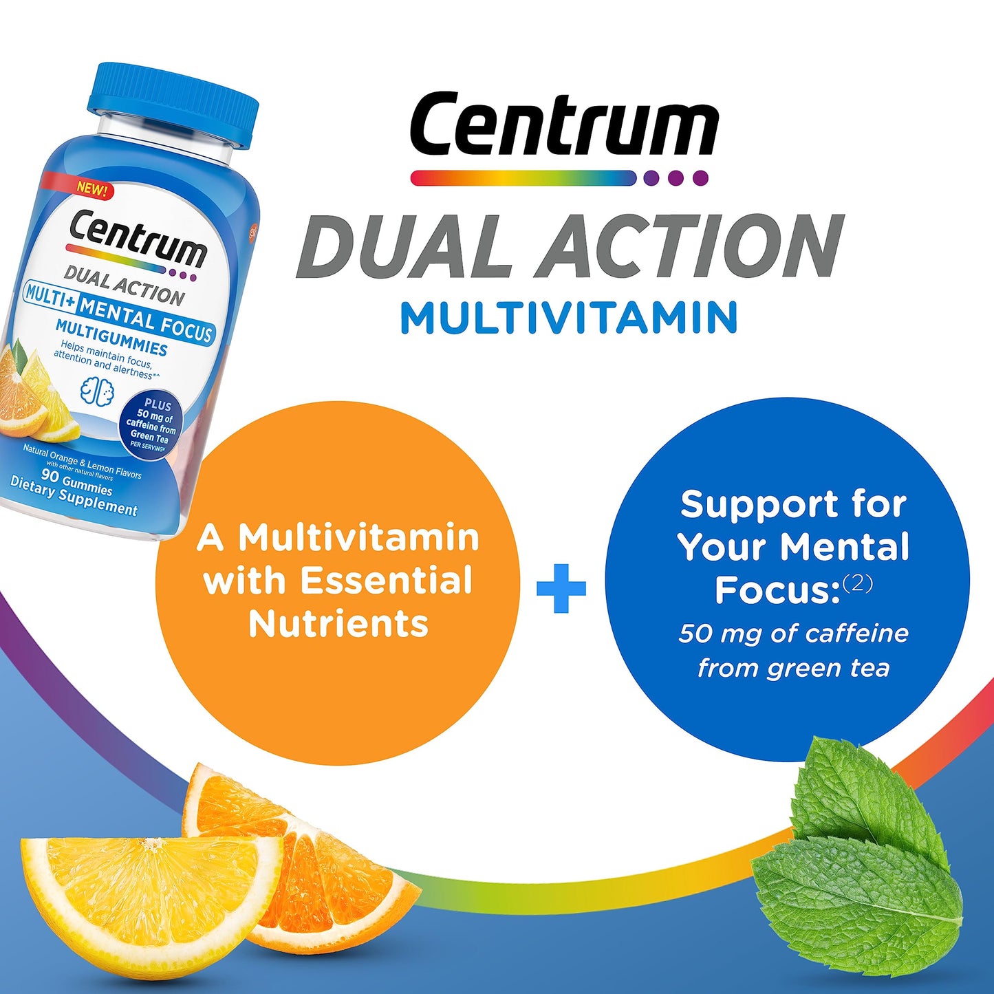 Pre-Order | Arrives in 5–10 Days – Centrum MultiGummies Multi+ Dual Action Mental Focus Adult Multivitamin with Caffeine from Green Tea, Supports Mental Focus, Attention and Alertness, Lemon/Orange Flavors - 90 Count