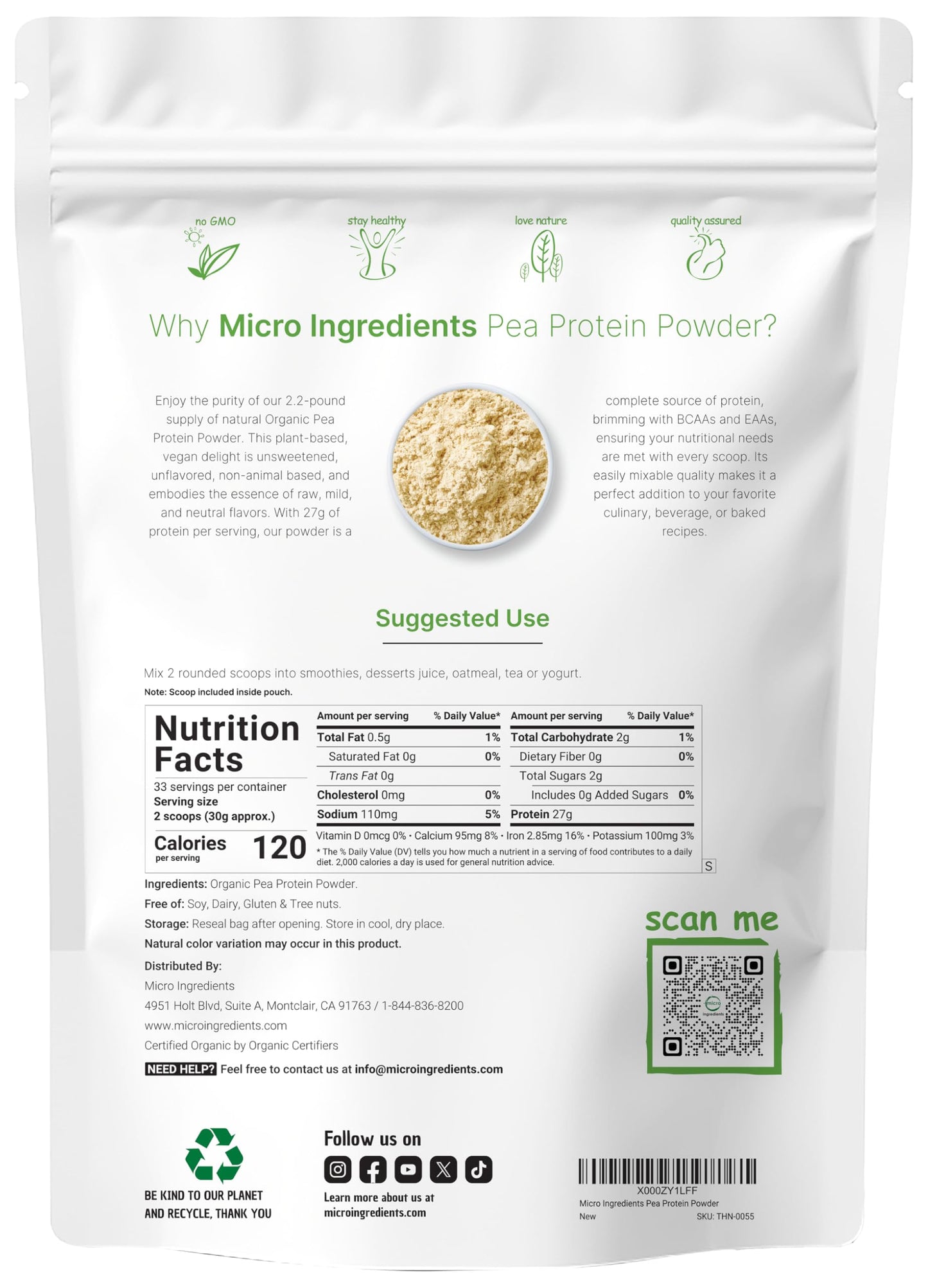 Pre-Order | Arrives in 5–10 Days – Micro Ingredients North America Grown, Organic Pea Protein Powder, 1KG (2.2 Pounds) | Plant-Based Vegan Protein, Meatless Protein Supplement, Rich in Branched Chain Amino Acids | Non-GMO, Soy Free