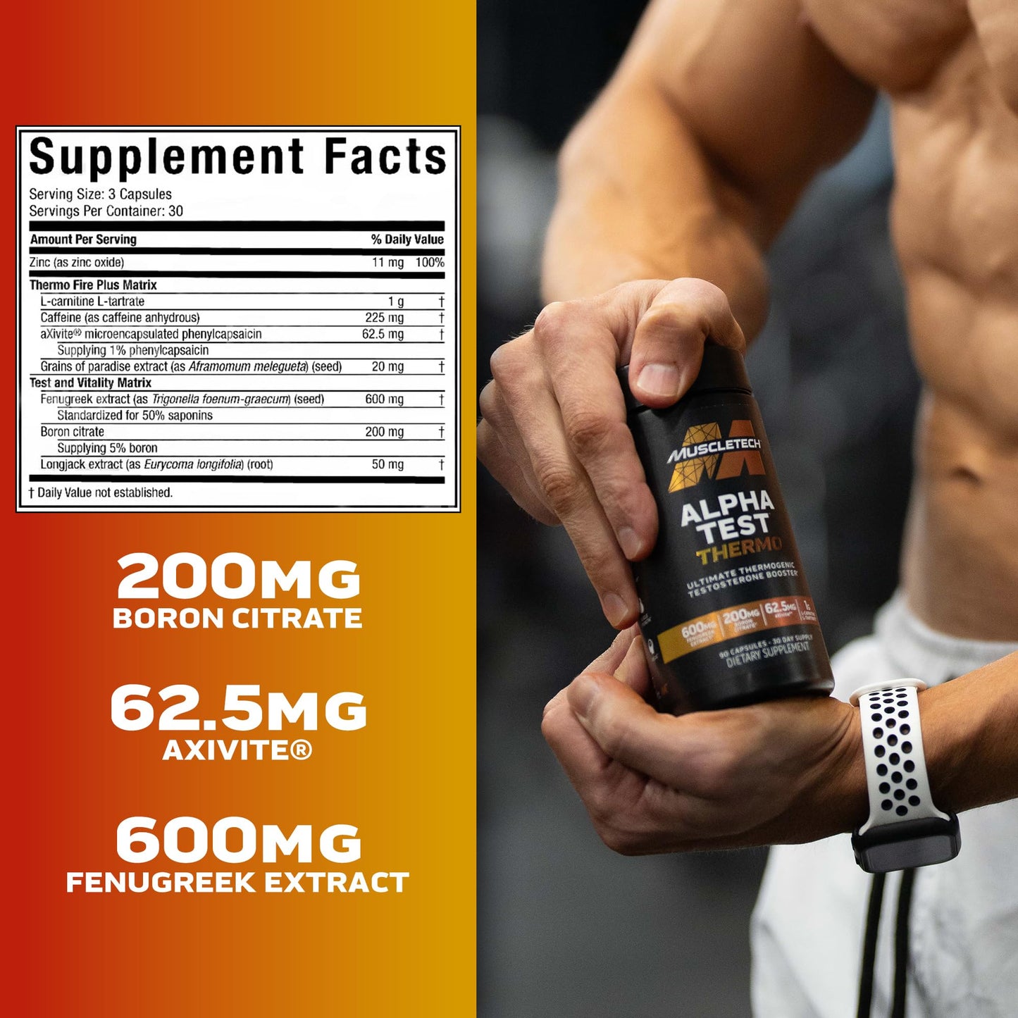 Pre-Order | Arrives in 5–10 Days – MuscleTech Thermogenic Testosterone Booster for Men, AlphaTest Thermo - T-Boost Mens Supplement with Tribulus Terrestris - Male Gym Workout Supplements for Muscle Growth, Stamina & Energy - 90 Pills