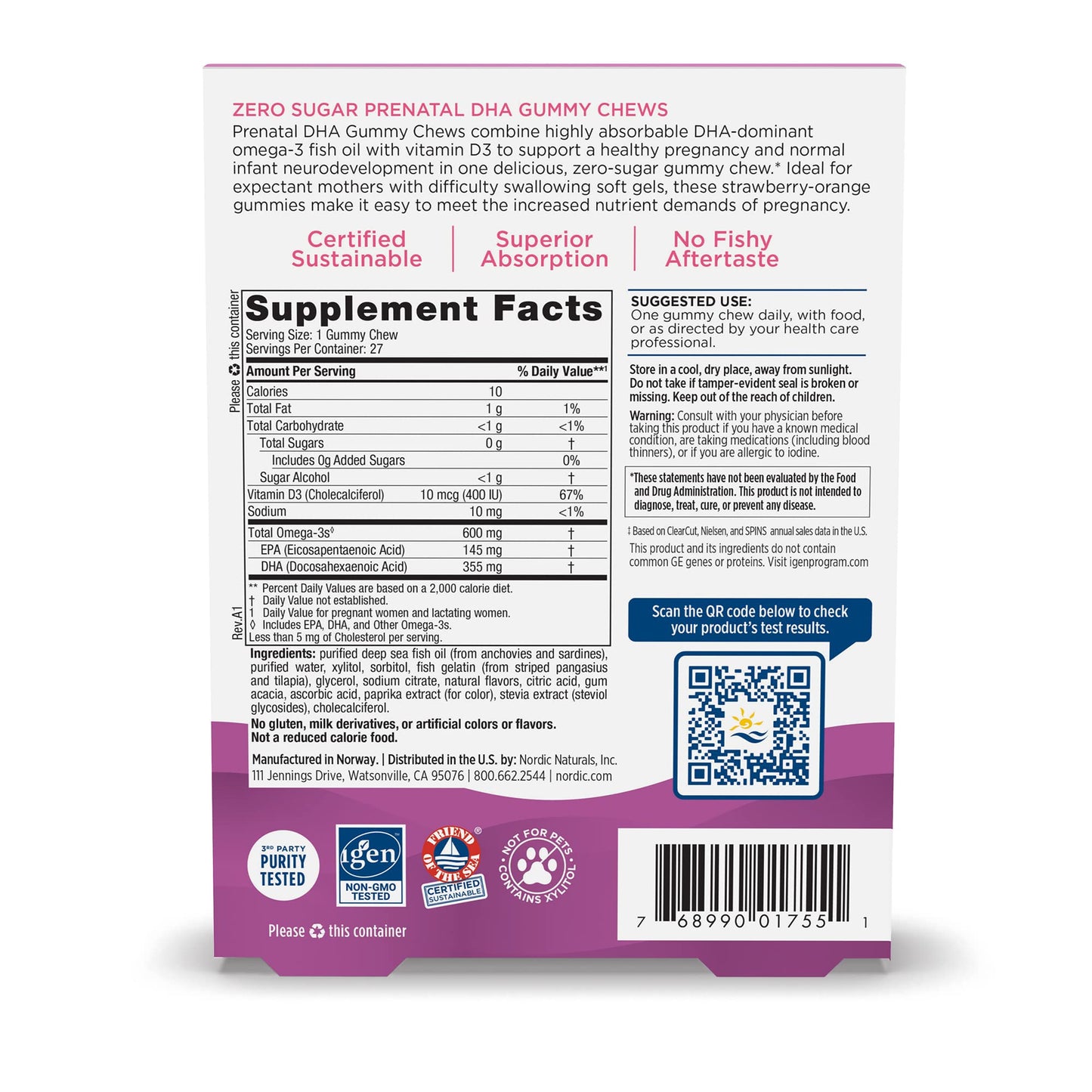 Pre-Order | Arrives in 5–10 Days – Nordic Naturals Zero Sugar DHA Prenatal Vitamin Gummies, Strawberry Orange Flavor - 27 Gummies - Supplements for Pregnancy - 600 mg Omega-3 Fish Oil and 400 IU Vitamin D3-27 Servings