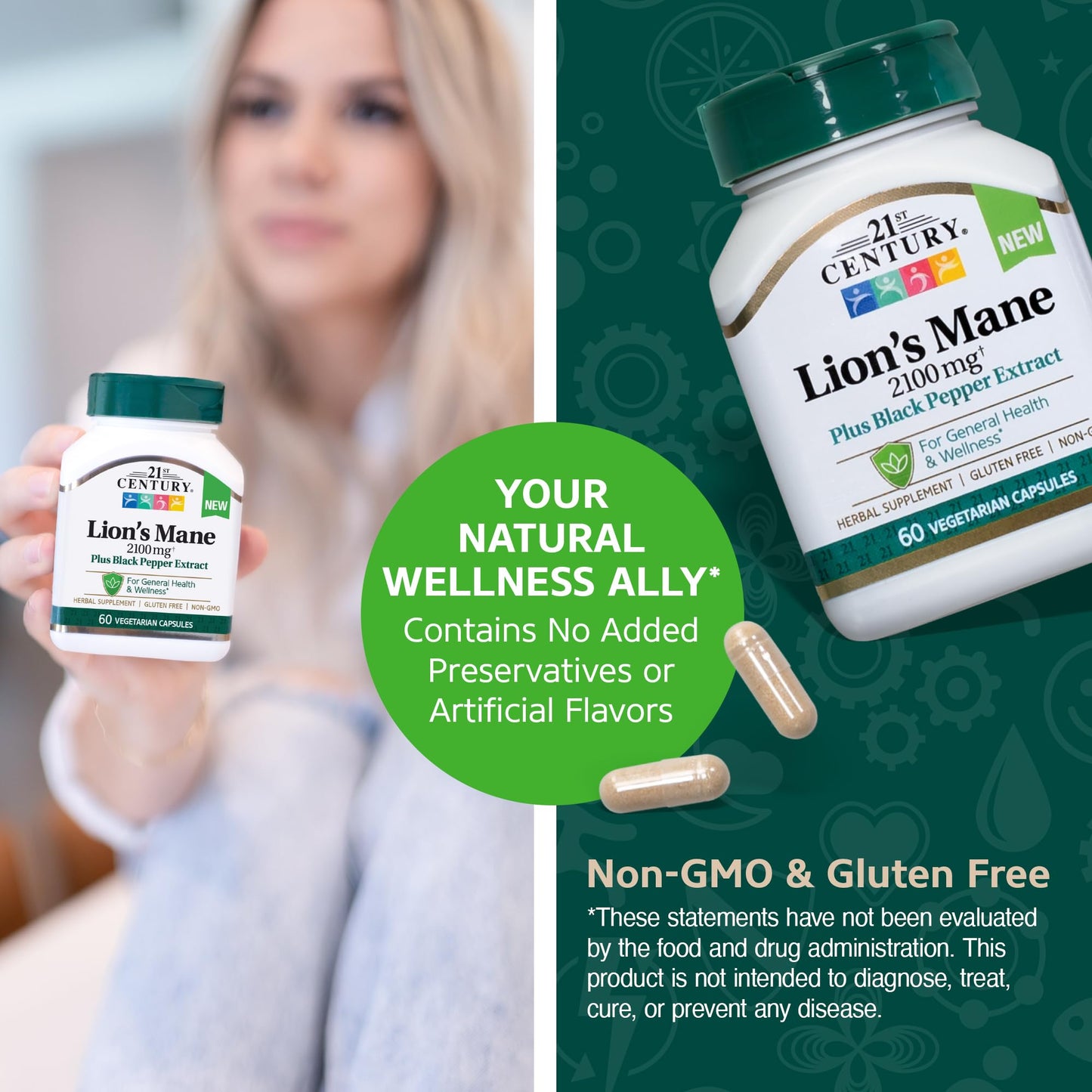 Pre-Order | Arrives in 5–10 Days – 21st Century Lion's Mane 2,100 mg, Plus Black Pepper Extract, Vegetarian Capsules, 60 Count