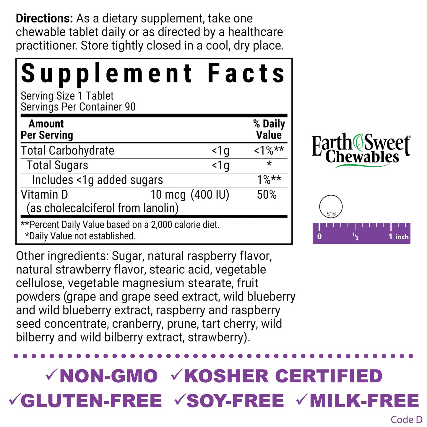 Pre-Order | Arrives in 5–10 Days – BLUEBONNET NUTRITION Earthsweet Chew VIT D3 400 IU, 90 CT