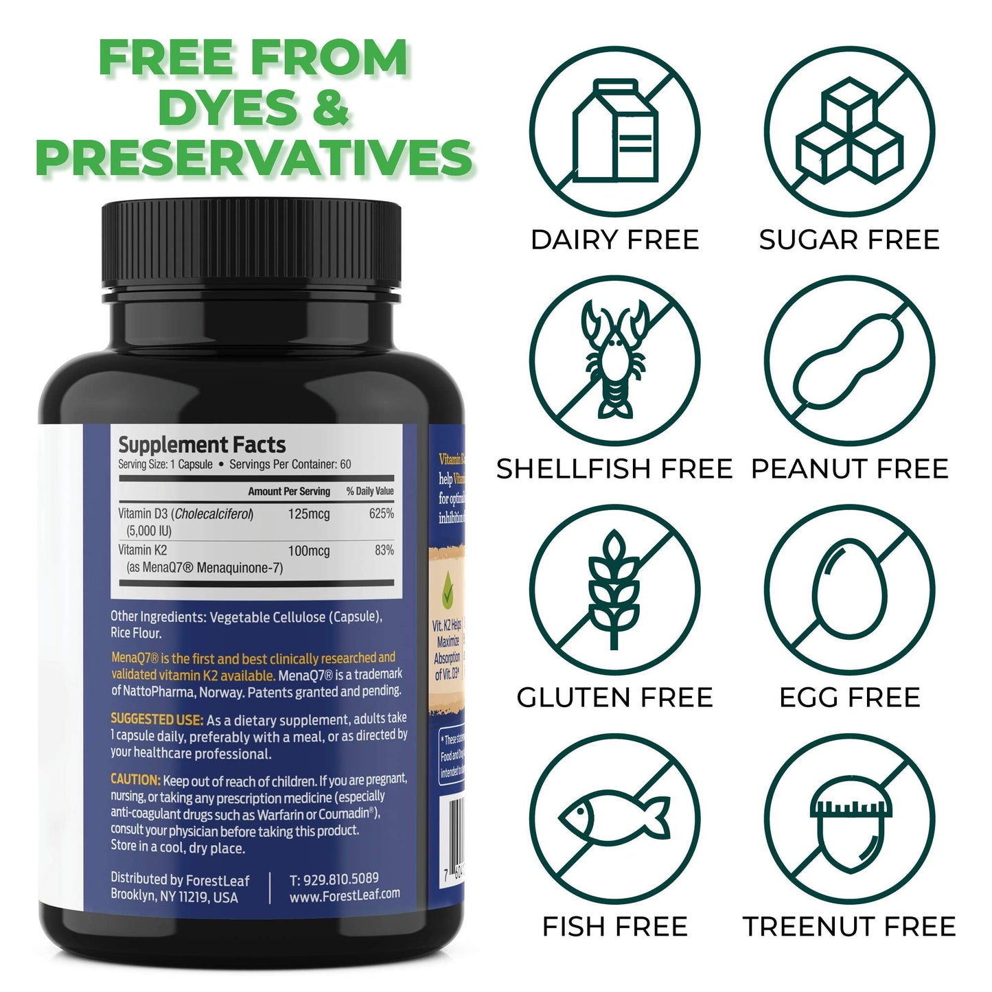 Pre-Order | Arrives in 5–10 Days – ForestLeaf Vitamin D3 + K2 (MK7) Supplement - MenaQ7 - Calcium and Vitamin D3 5000 IU Max Absorption - Teeth and Bone Strength, Heart Health, Immune System Support - 60 Veggie Capsules