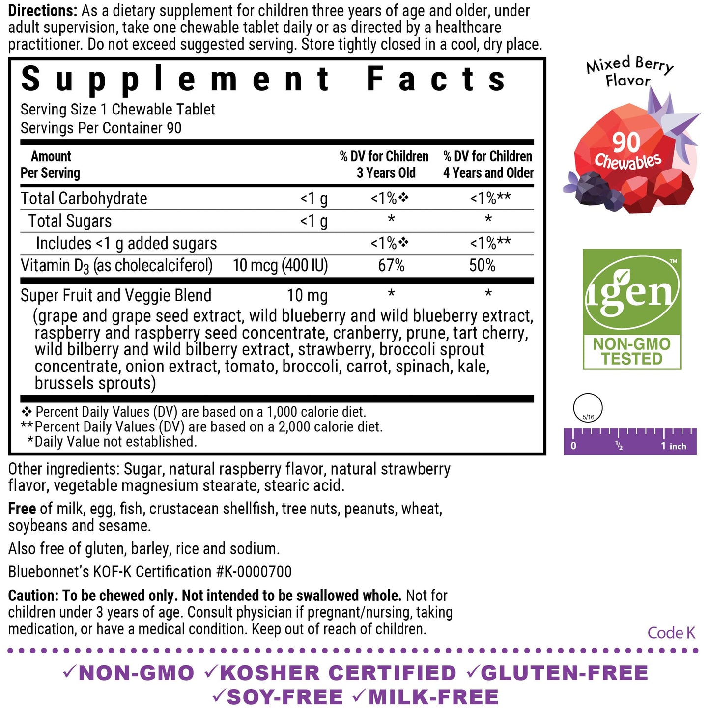 Pre-Order | Arrives in 5–10 Days – Bluebonnet Nutrition Rainforest Animalz Vitamin D3 400 IU Chewable Tablet, Soy, Dairy & Gluten-Free, Non-GMO, Kosher Certified, Vegetarian Friendly, Natural Mixed Berry Flavor, 90 Count