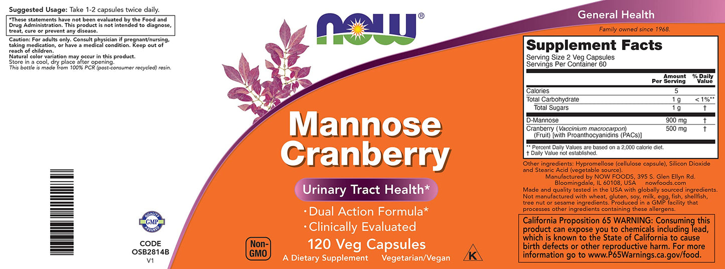 Pre-Order | Arrives in 5–10 Days – NOW Foods Mannose Cranberry, 120 Veg Capsules - with PAC - 450mg dMannose, 250mg Whole Cranberry - Bladder Cleanse and Urinary Tract Health* - Vegan Friendly Supplement, Non-GMO