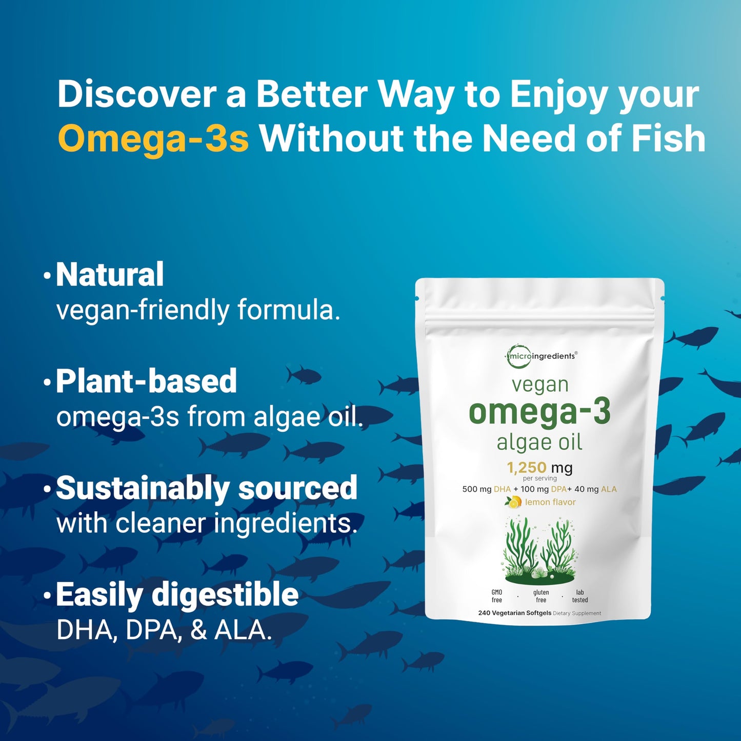 Pre-Order | Arrives in 5–10 Days – Micro Ingredients Vegan Omega 3 Algae Oil, 240 Veggie Softgels | Fish Oil Alternative | DHA 500mg & DPA 100mg | Carrageenan Free | Plant-Based Omega 3 with Flaxseed & ALA | Lemon Flavored