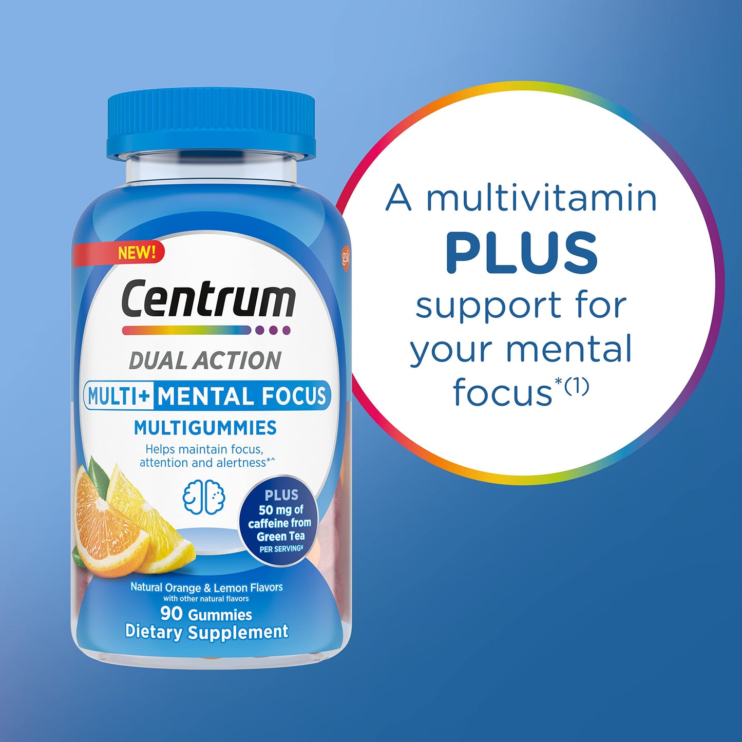 Pre-Order | Arrives in 5–10 Days – Centrum MultiGummies Multi+ Dual Action Mental Focus Adult Multivitamin with Caffeine from Green Tea, Supports Mental Focus, Attention and Alertness, Lemon/Orange Flavors - 90 Count