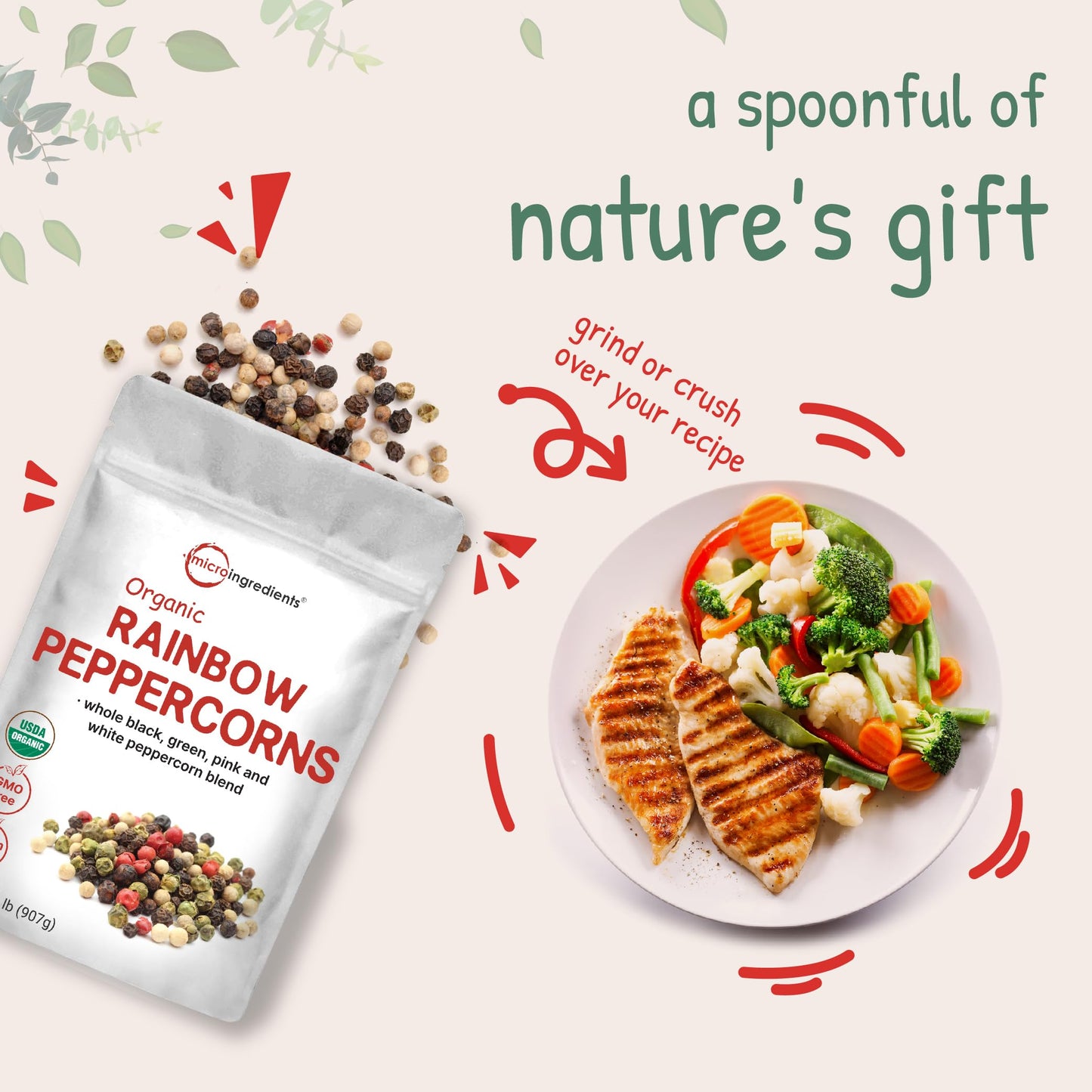 Pre-Order | Arrives in 5–10 Days – Micro Ingredients Organic Whole Rainbow Peppercorns, 2lbs | Premium Whole Peppercorns for Grinder Refill | Great for Seasonings, Meats & Vegetables | Additive Free, Non-GMO, Bulk Supply