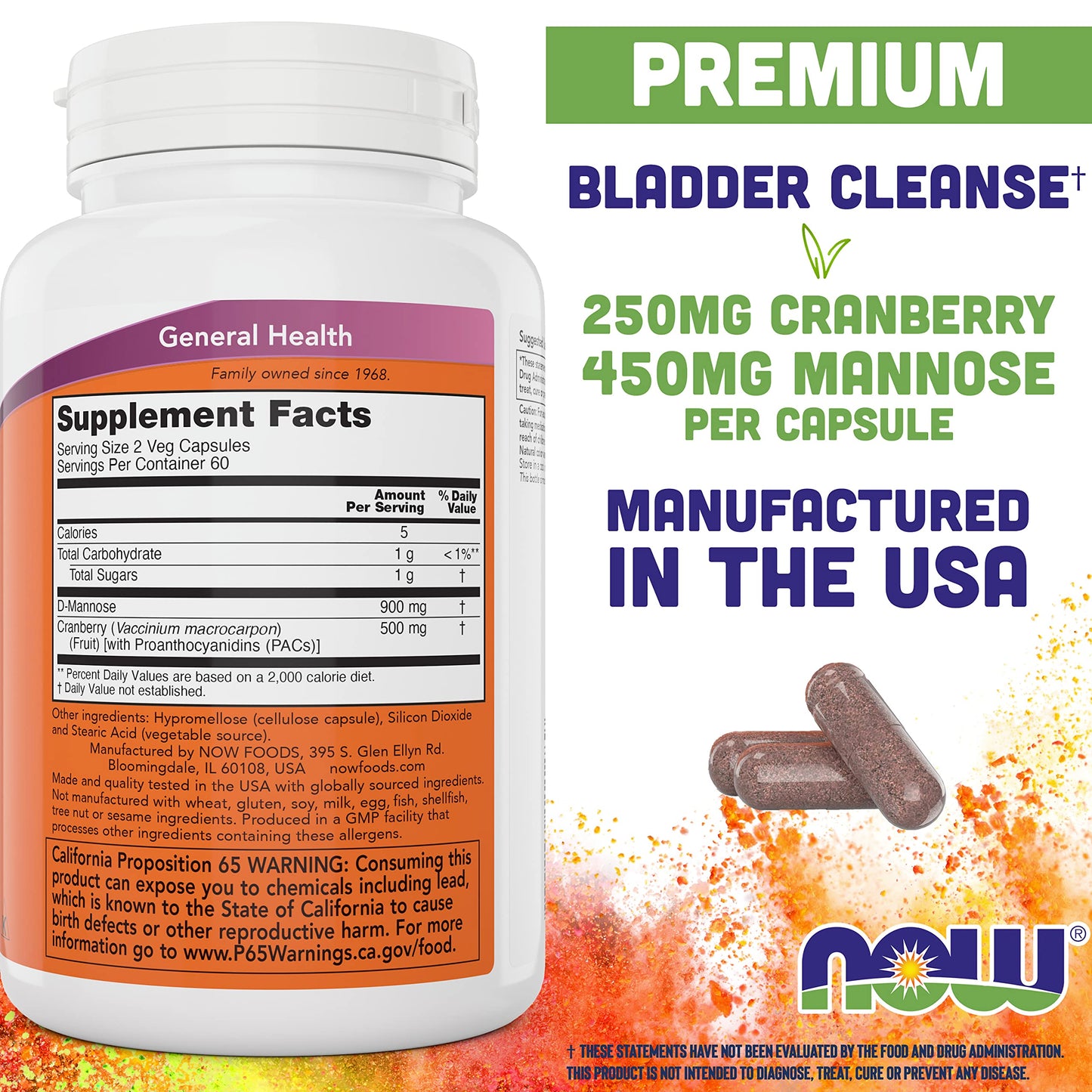 Pre-Order | Arrives in 5–10 Days – NOW Foods Mannose Cranberry, 120 Veg Capsules - with PAC - 450mg dMannose, 250mg Whole Cranberry - Bladder Cleanse and Urinary Tract Health* - Vegan Friendly Supplement, Non-GMO