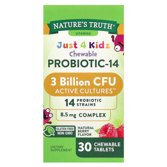 Pre-Order | Arrives in 5–10 Days – Nature's Truth
Just 4 Kidz, Chewable Probiotic-14, Natural Berry , 3 Billion CFU , 30 Chewable Tablets