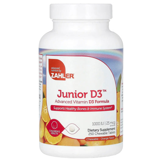 Pre-Order | Arrives in 5–10 Days – Zahler
Junior D3, Advanced Vitamin D3 Formula, Orange, 25 mcg (1,000 IU), 250 Chewable Tablets