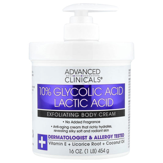 Pre-Order | Arrives in 5–10 Days – Advanced Clinicals
10% Glycolic Acid, Lactic Acid, Exfoliating Body Cream, 16 oz (454 g)