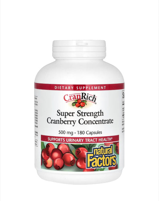 Pre-Order | Arrives in 5–10 Days –
NATURAL FACTORS CRANRICH, SUPER STRENGTH CRANBERRY CONCENTRATE 500MG, 180 CAPSULES