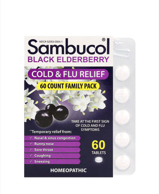 Pre-Order | Arrives in 5–10 Days –
SAMBUCOL BLACK ELDERBERRY COLD & FLU RELIEF, 60 TABLETS