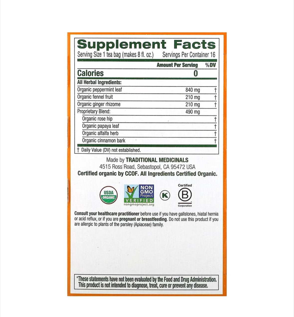 TRADITIONAL MEDICINALS ORGANIC BELLY COMFORT