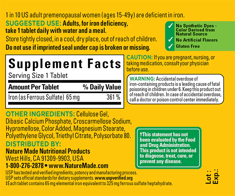 NATURE MADE IRON 65MG, 180 TABLETS