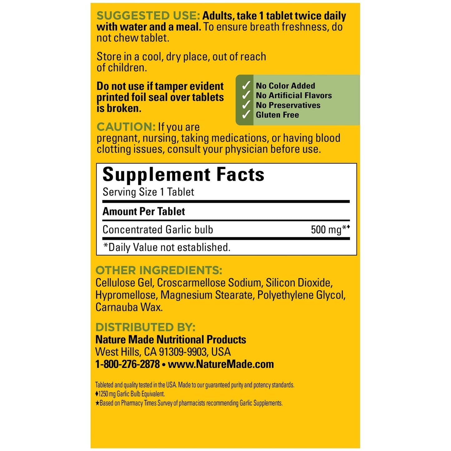 NATURE MADE GARLIC 1250MG, 100 TABLETS